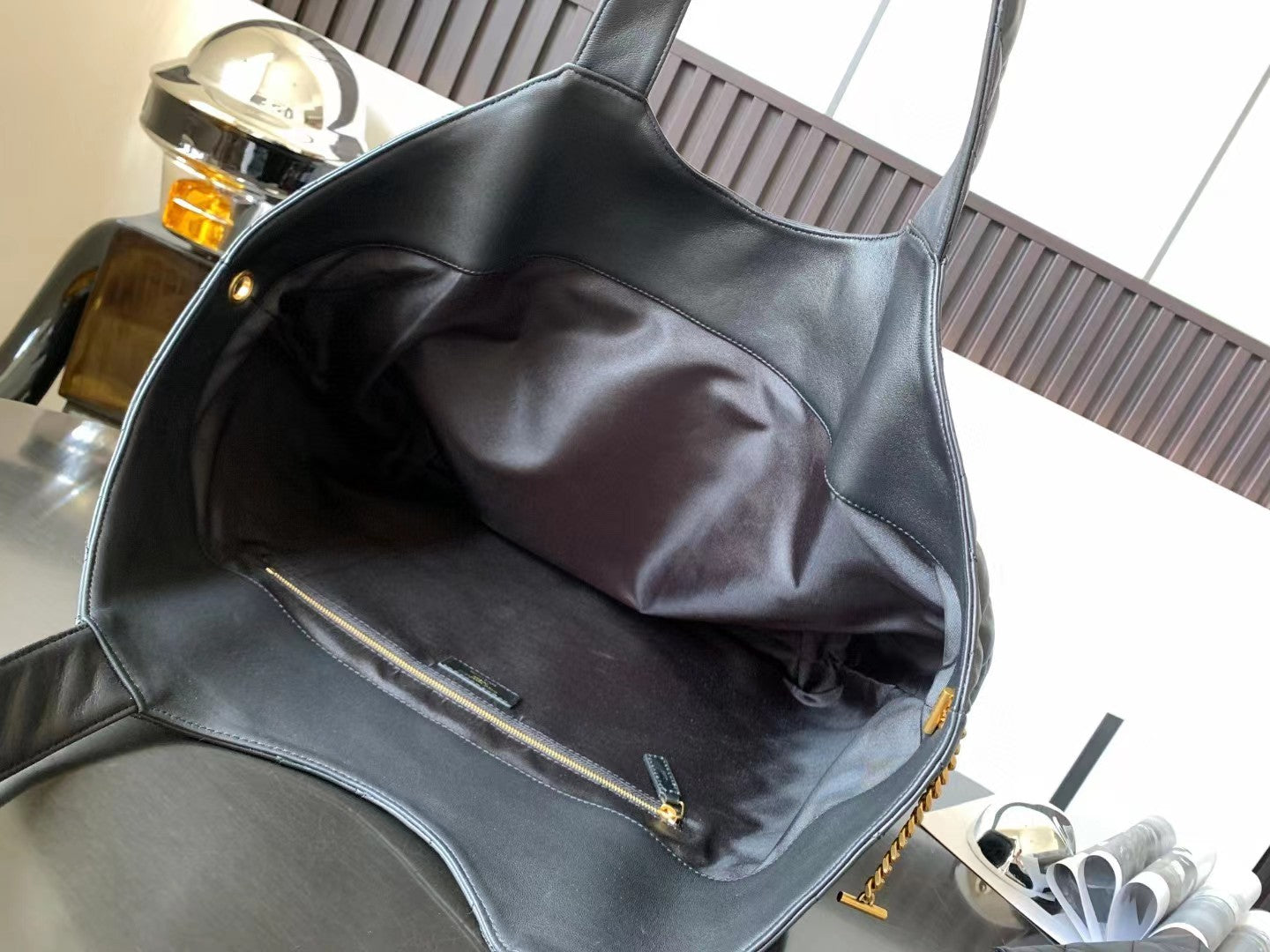 AUTHENTIC Saint Laurent ICARE Maxi Shopping Tote Bag Black Lambskin YSL